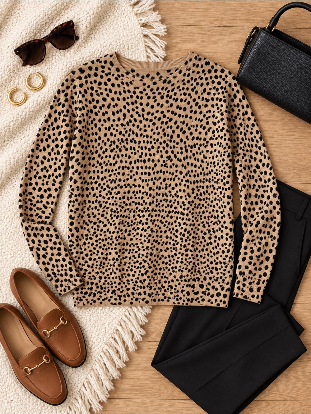 J.Crew Teddie Cheetah Leopard Print 100% Cotton Sweater Tan Black Medium